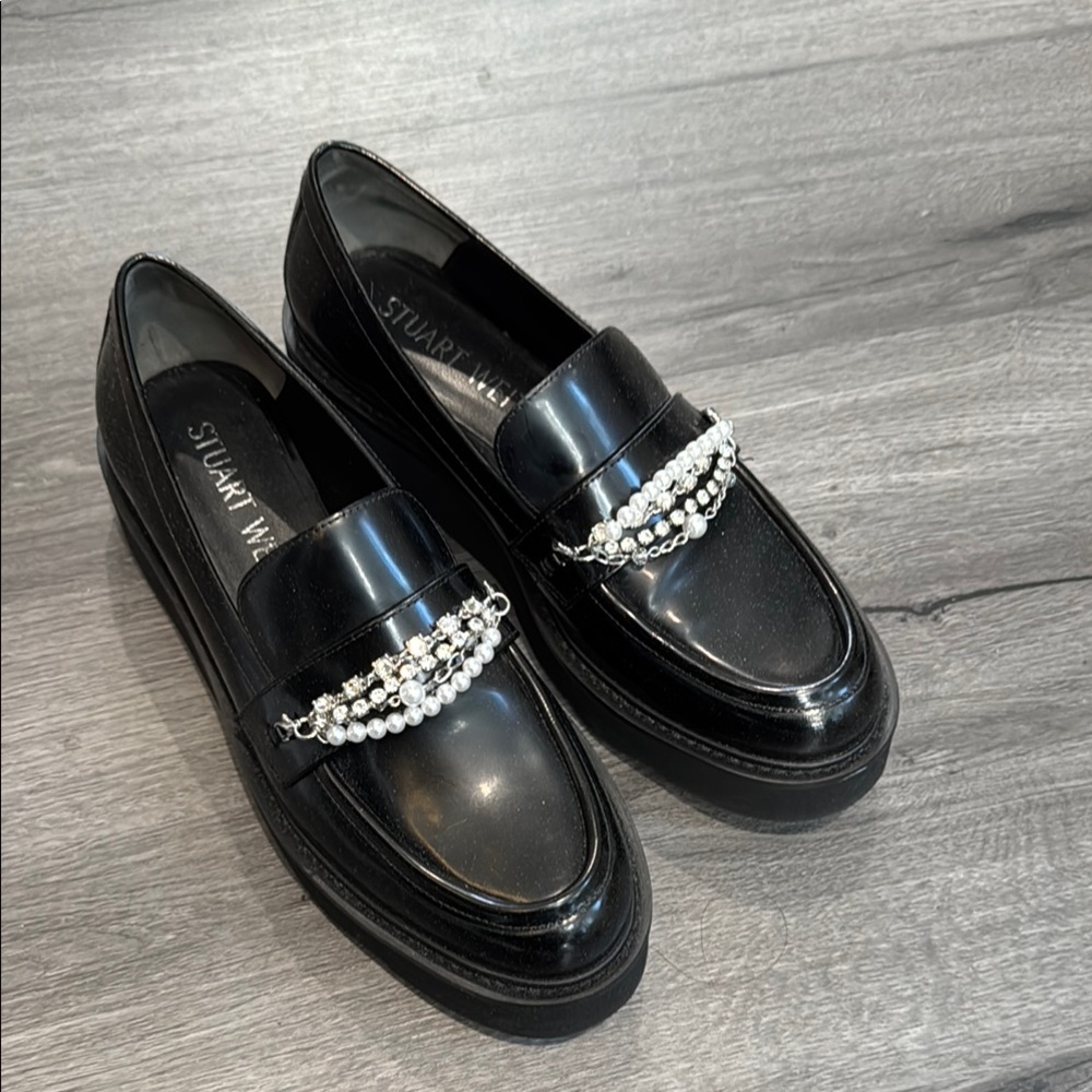 Stuart Weitzman Glossy Black Loafers with Pearl Accent